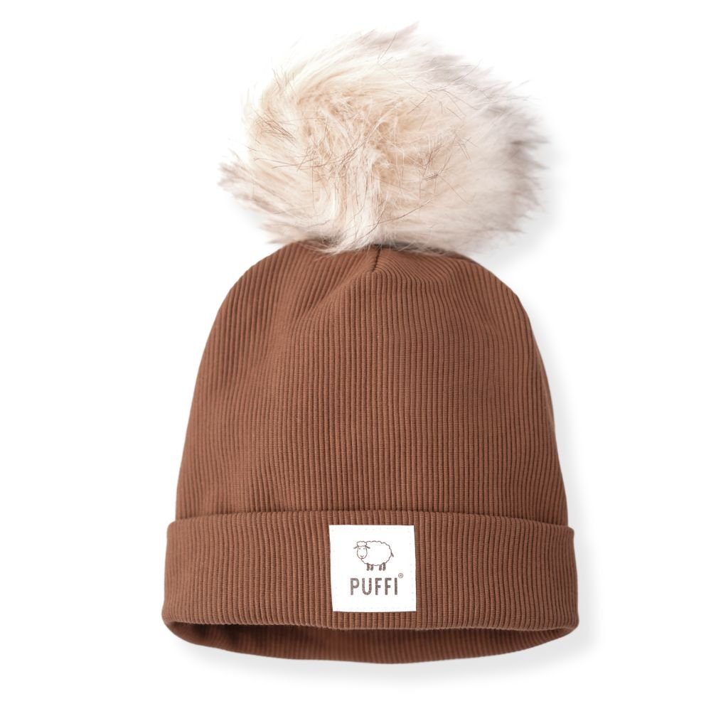 Odrasla kapa Beanie + POM POM - Ribbed ČOKOLADA - PUFFI