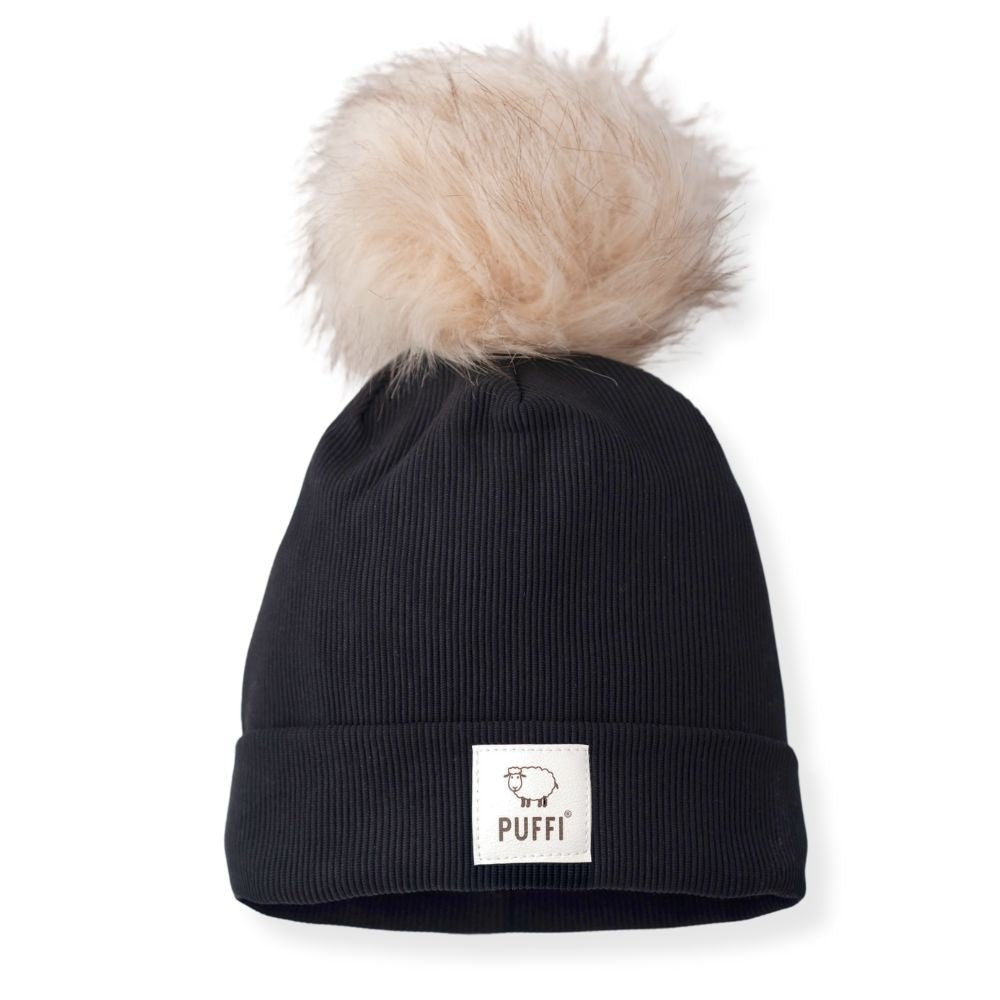 Odrasla kapa Beanie + POM POM - Ribbed ČRNA - PUFFI