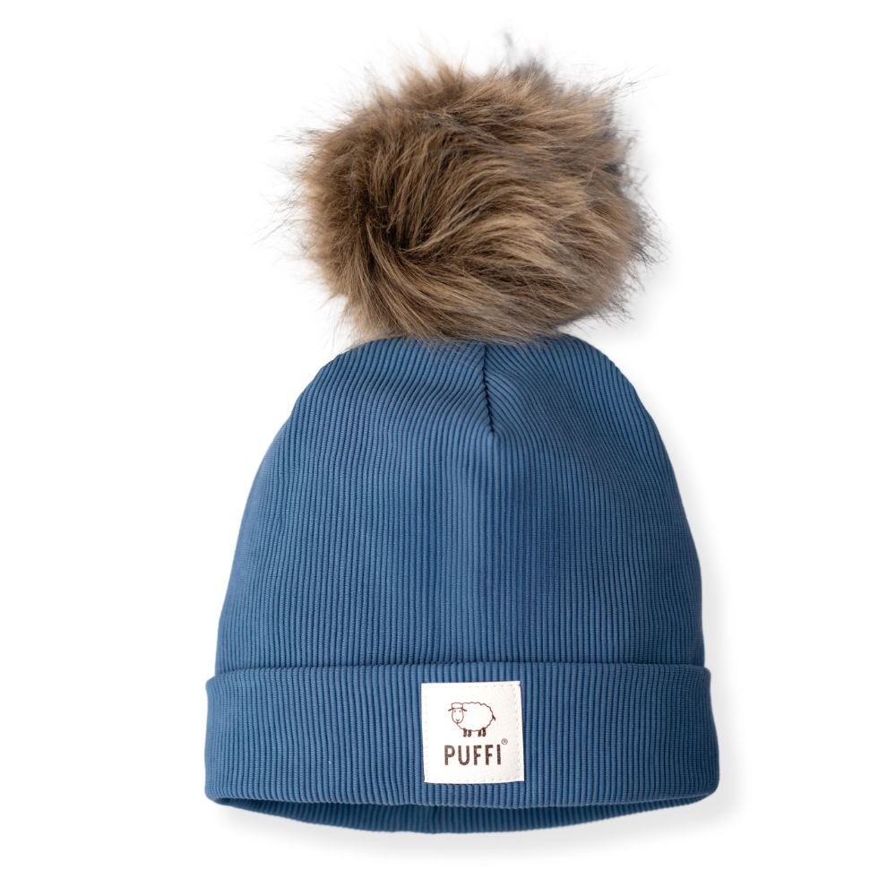 Odrasla kapa Beanie + POM POM - Ribbed JEANS BLUE - PUFFI