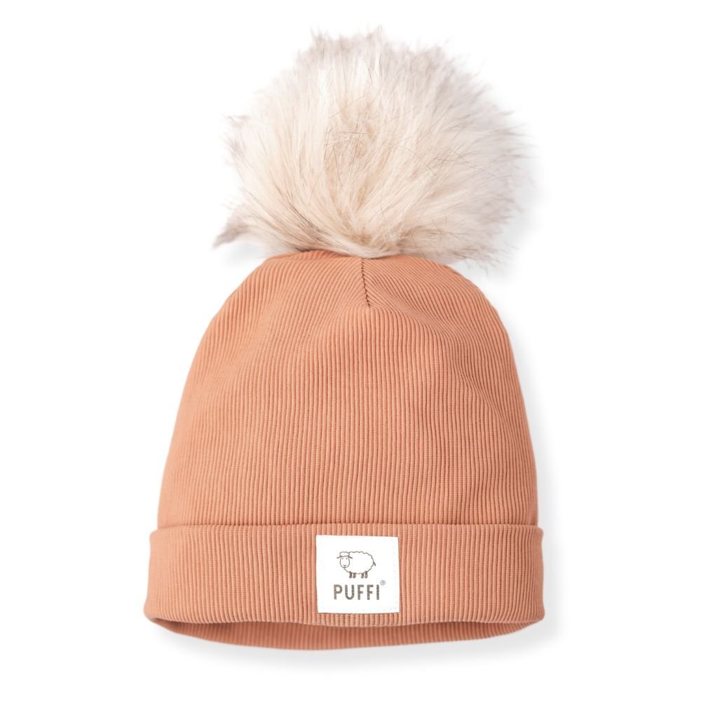 Odrasla kapa Beanie + POM POM - Ribbed KAMELJA - PUFFI