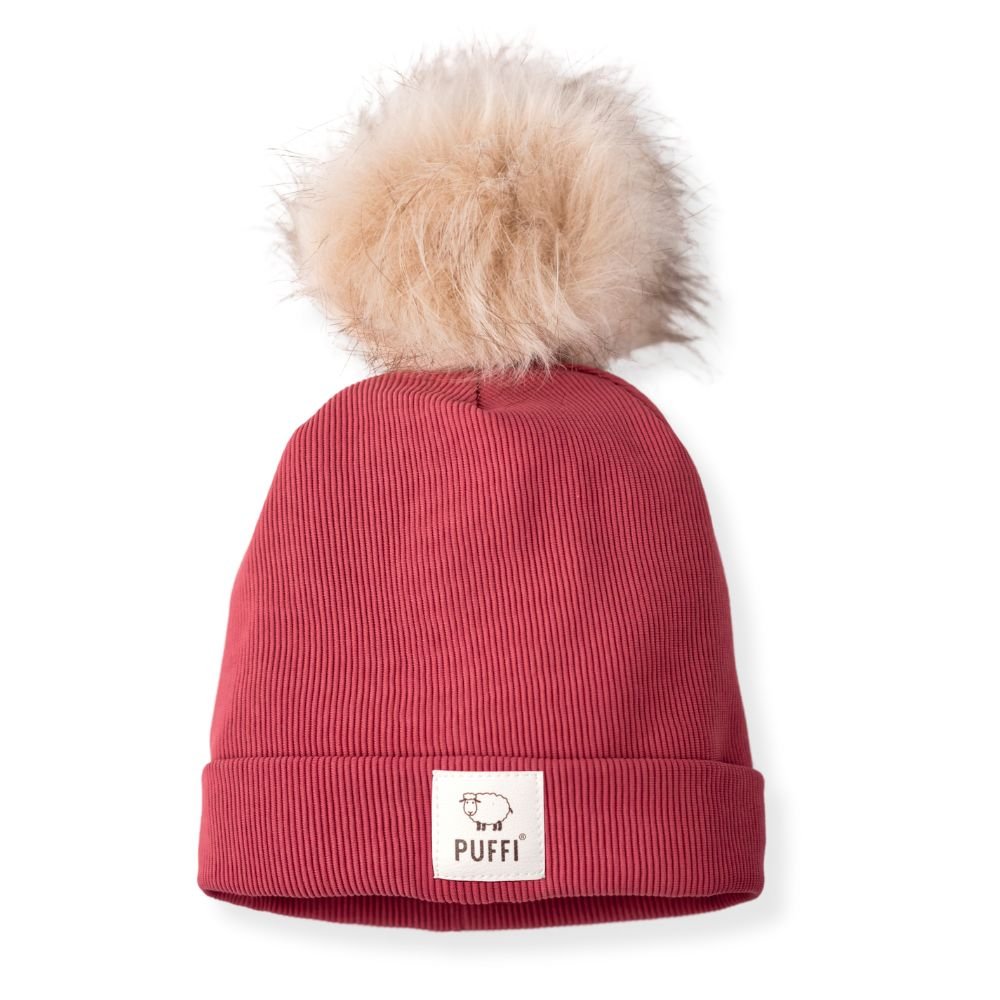 Odrasla kapa Beanie + POM POM - Ribbed MALINA - PUFFI