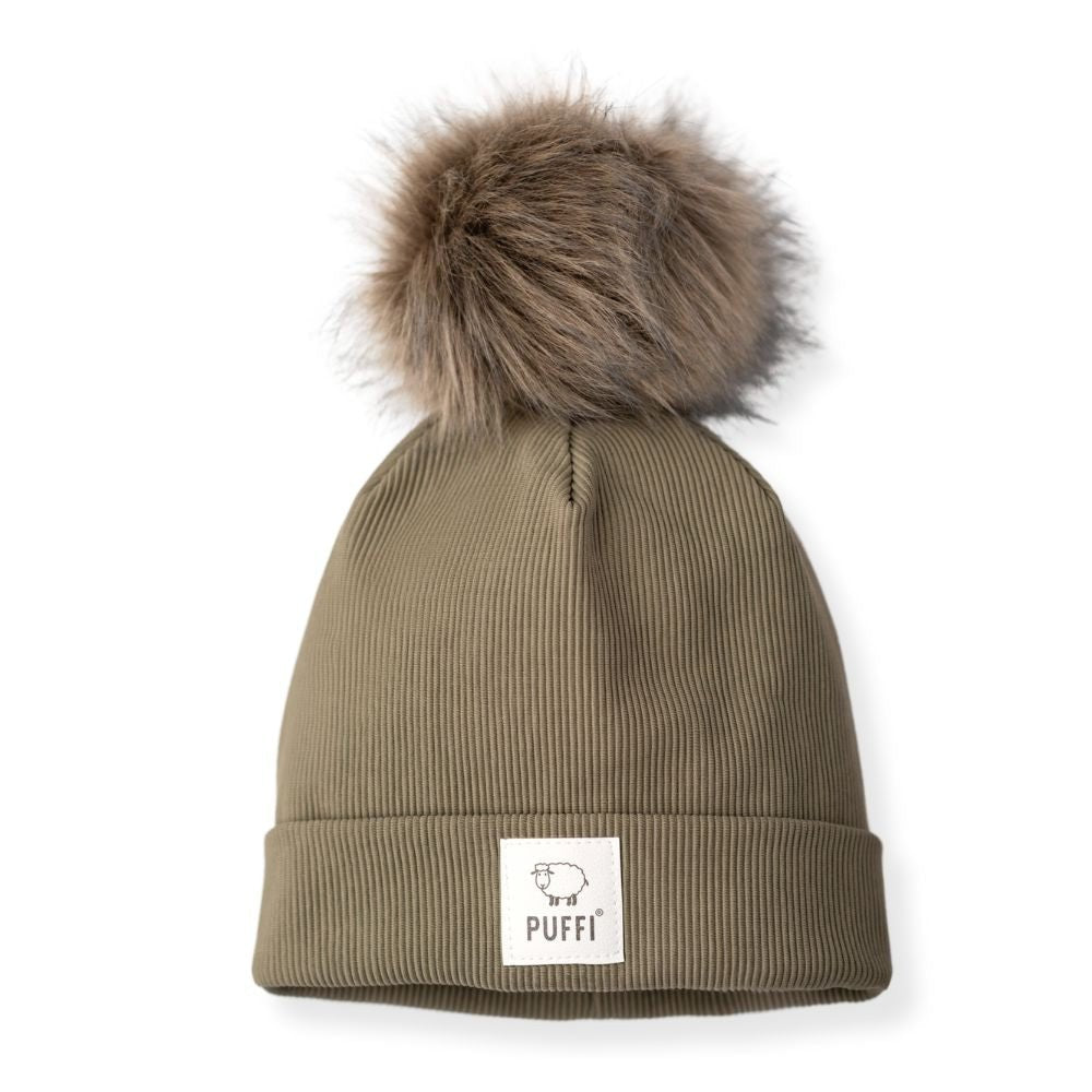 Odrasla kapa Beanie + POM POM - Ribbed OLIVNO ZELENA - PUFFI