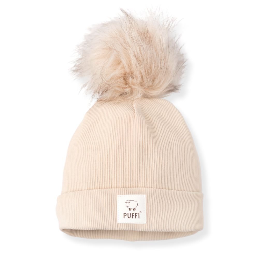 Odrasla kapa Beanie + POM POM - Ribbed SVETLO BEŽ - PUFFI