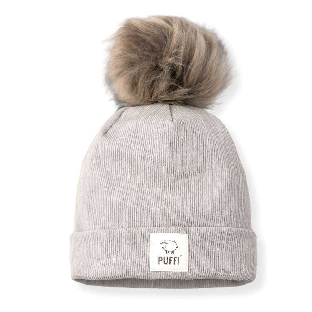 Odrasla kapa Beanie + POM POM - Ribbed SVETLO SIVA - PUFFI