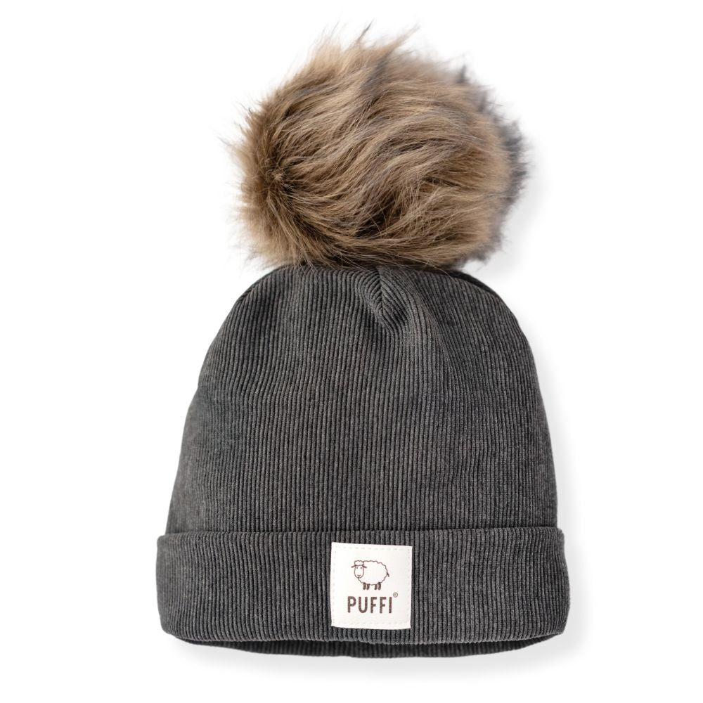 Odrasla kapa Beanie + POM POM - Ribbed TEMNO SIVA - PUFFI