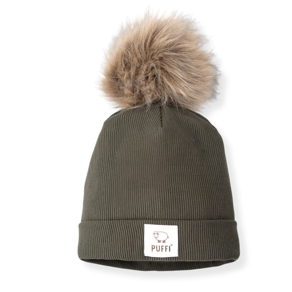 Otroška kapa Beanie + POM POM - Ribbed VOJAŠKO ZELENA - PUFFI