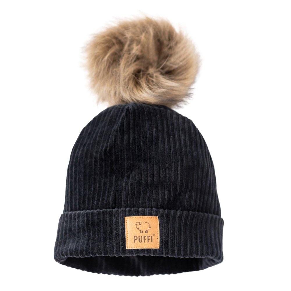 Otroška kapa Beanie + POMPOM - PLIŠ Ribbed ČRNA - PUFFI